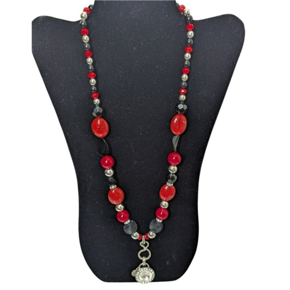 Silver beaded necklace with dangle center pendant red black silver statement